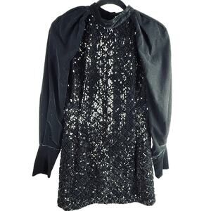Zara Velvet Trim Long Sleeve Sequin Bodycon Dress Black Size S